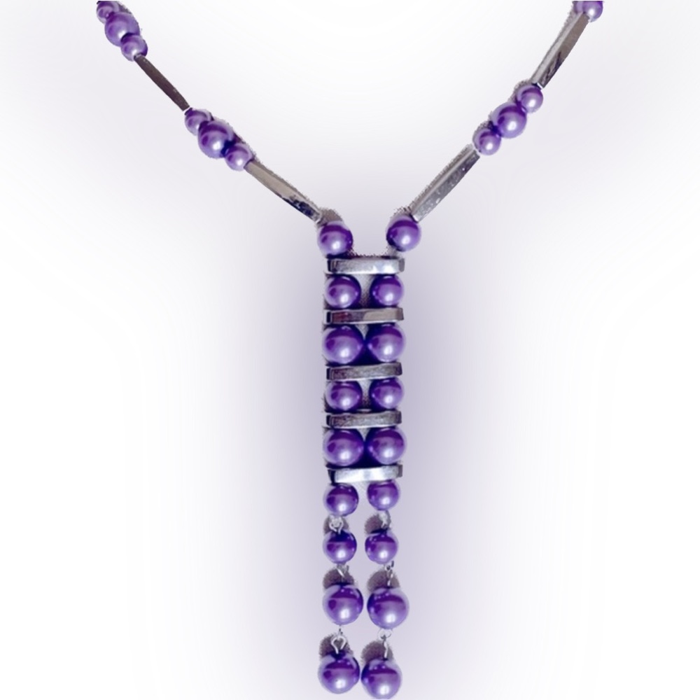 Vintage Purple Pearl Silver Tone Beaded Necklace